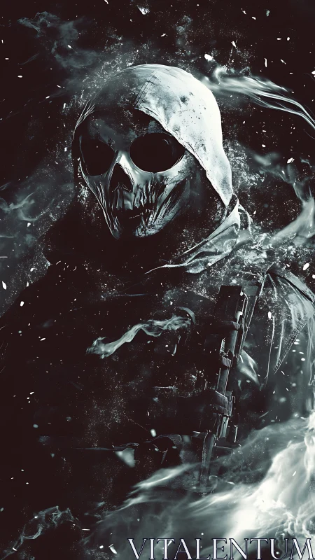 Spectral tactical operative with skull mask in volatile haze.