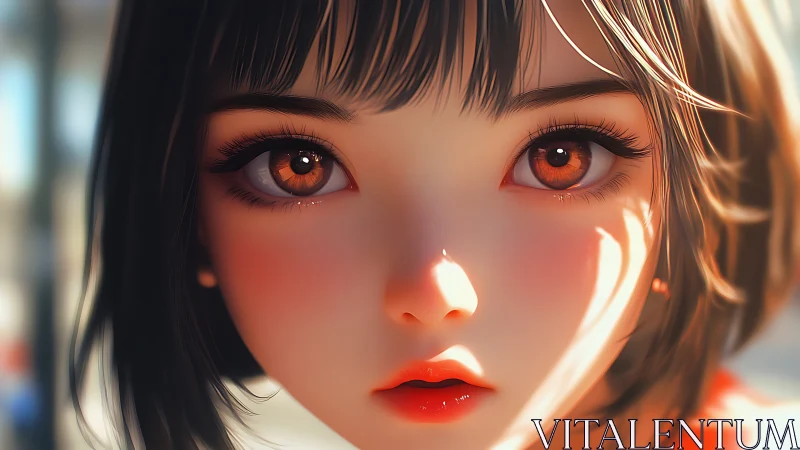 Sunlit anime girl gazes ahead with luminous amber eyes