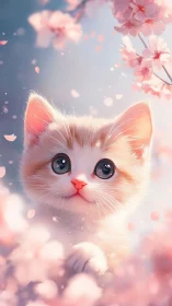 White cat with large eyes surrounded by pink cherry blossoms