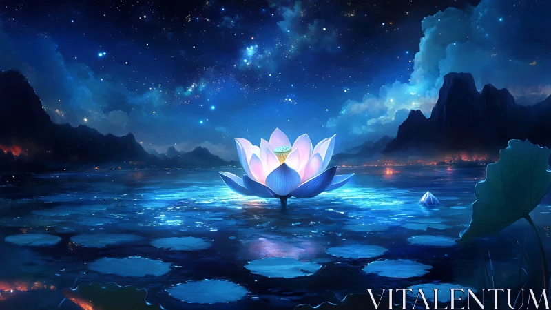 Luminous lotus blooms under a star-filled midnight sky.