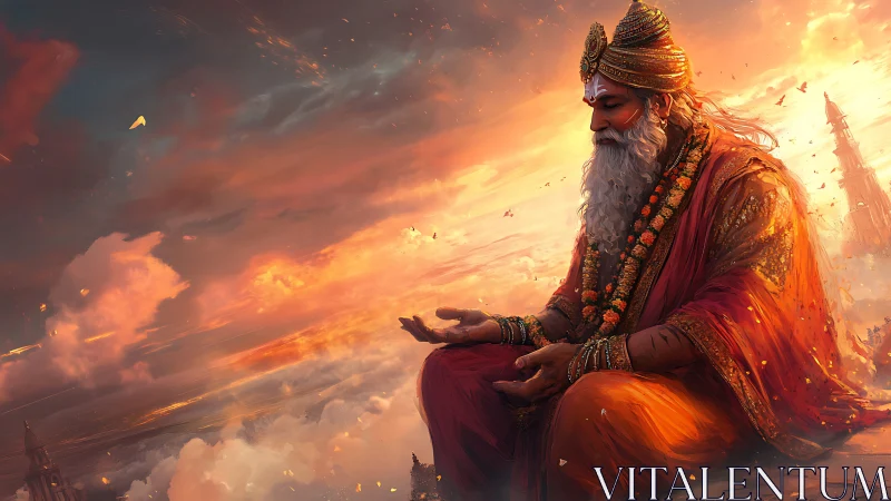 Meditating sage above clouds in radiant sunset glory.