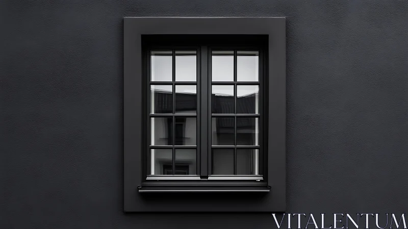 Midnight courtyard window holding quiet mirrored geometry.