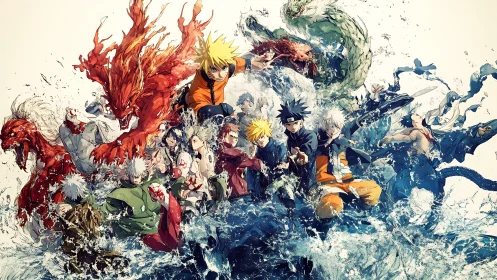 Elemental ninja clash amid roaring water and swirling beasts.