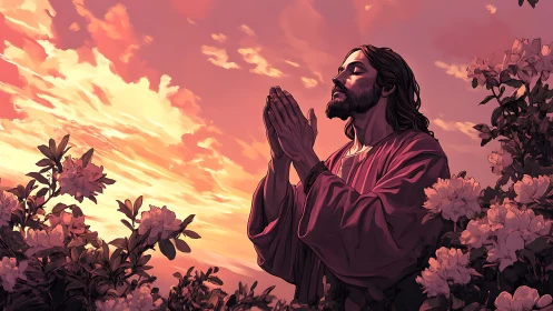 Prayerful Christ stands in glowing sunset garden of hope