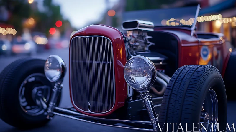 Crimson hot rod shining proudly under soft evening lights.