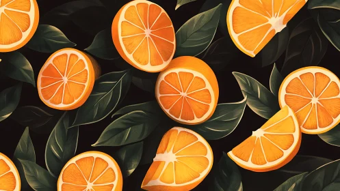 Orange citrus slices and leaves arranged on dark background