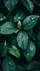 Macro foliage with raindrops on dark green elliptical leaves