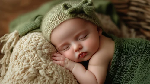 Sleeping infant with knitted accessories on neutral fabric.