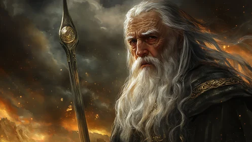 Wise storm-worn wizard watching over a fiery twilight realm.