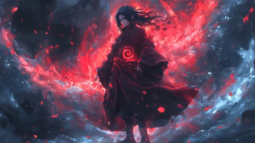 Dark-robed figure stands amid red and blue energy vortex