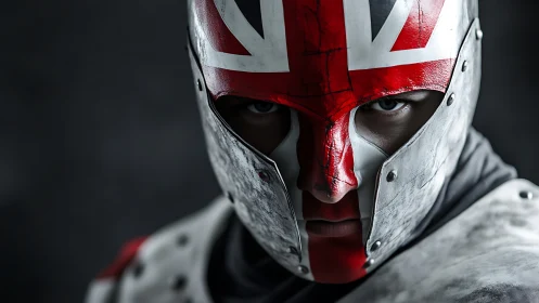 Armored figure in Union Jack helmet facing forward closely.