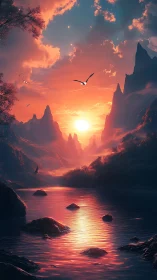 Sunlit river valley beneath flaming fantasy sky at dusk.