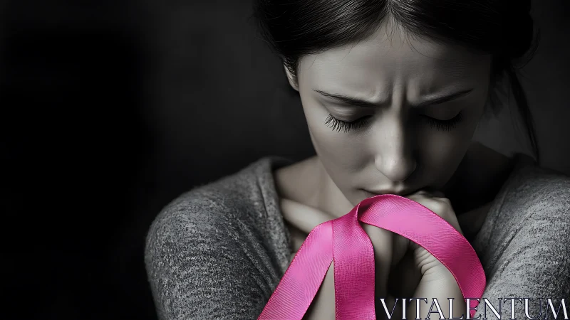 Woman holding pink ribbon in emotional portrait, awareness theme.