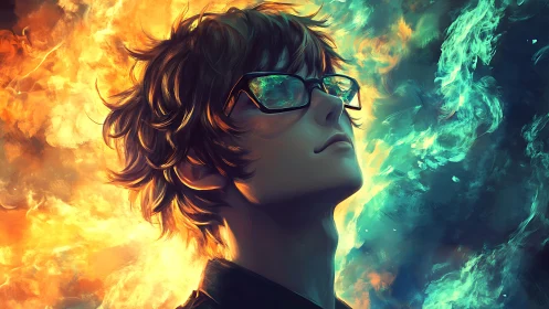 Glass-browed dreamer between blazing fire and arctic light.