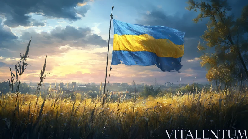 Sunlit Ukrainian flag dancing above fields of golden resolve.