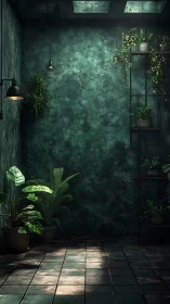 Moody indoor garden corner under skylight glow.