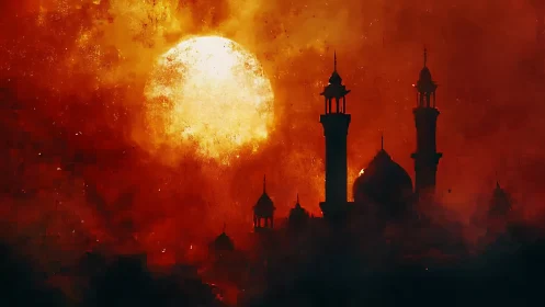 Oversized Incandescent Celestial Body Above Silhouetted Islamic Domes and Minarets