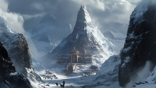 Snowbound pilgrims thread toward a sunlit mountain citadel