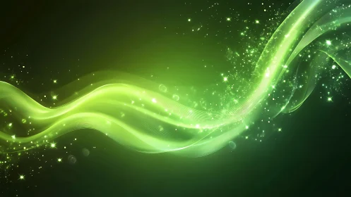Luminous green energy wave arcs across deep digital space
