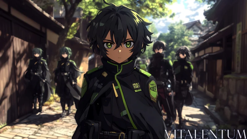 Tactical anime squad advancing through sunlit alleyway.