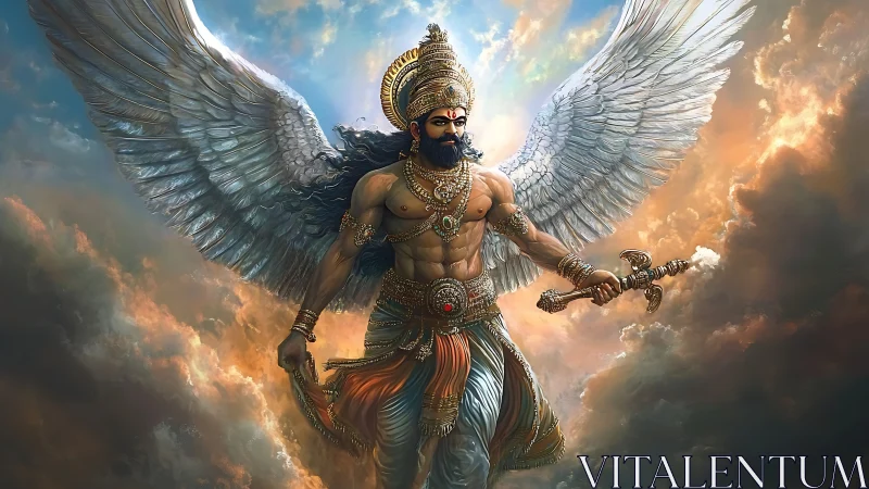 Winged warrior deity in ornate armor against clouds sky.