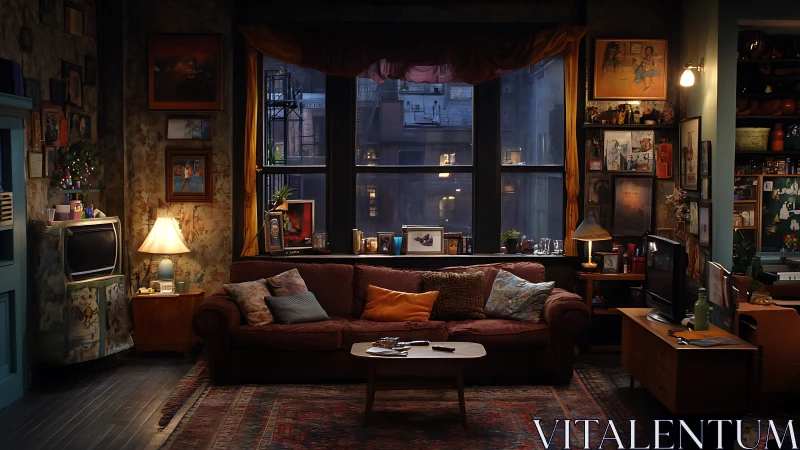 Eclectic urban living room under mixed tungsten window light.