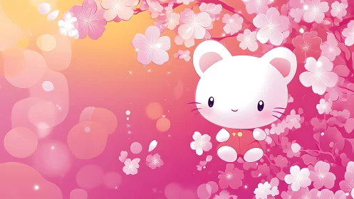 Sweet cartoon mouse enjoys soft pink cherry blossoms at dusk