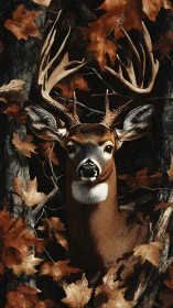 Stately autumn buck emerging from dense leaf-littered woods.