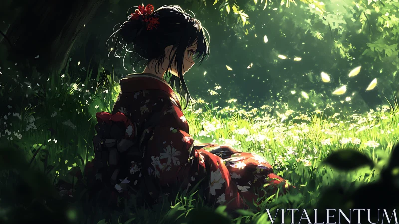 Kimono-clad girl in dappled forest light, contemplative mood.