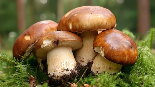 Forest banquet of glossy brown mushrooms in mossy quiet.