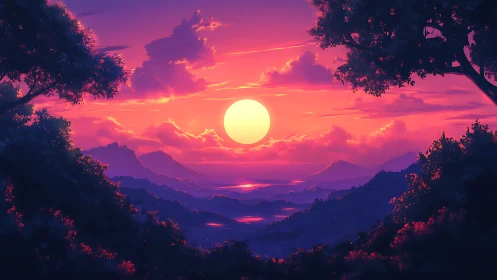 Radiant violet sunset over layered mountains and sea horizon.