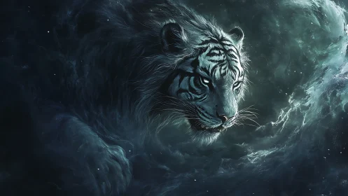 Mythic white tiger emerges from swirling cosmic storm