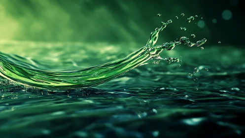 Green liquid splash frozen in motion over rippling water.