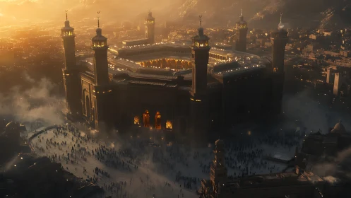 Golden hour aerial view studies illuminated mosque courtyard