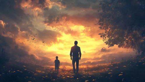 Silhouetted father and child walking toward vivid sunset sky.