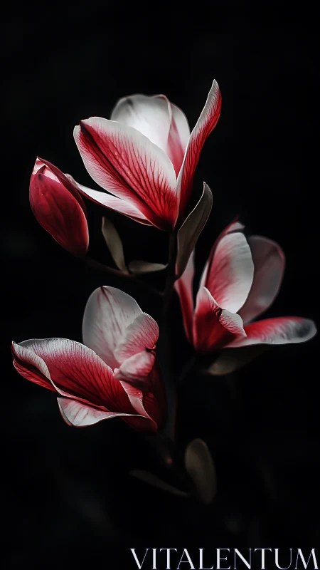Red and White Tulips Dancing in Shadow.