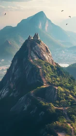 Mountain peak temple complex rises above layered green valley