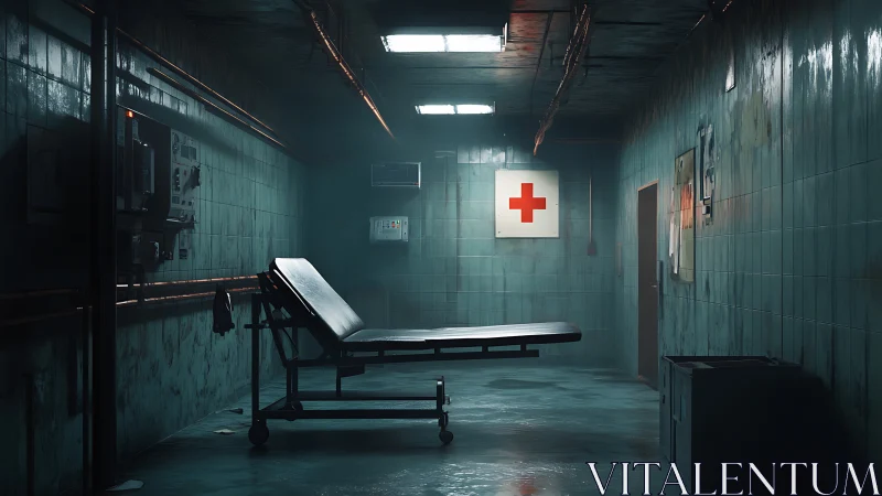 Cinematic abandoned clinic corridor with central gurney focus.
