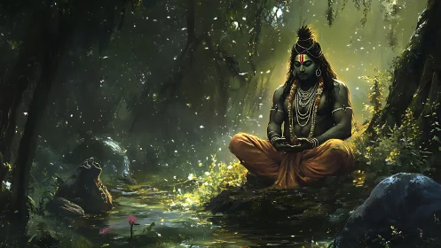 Meditating figure sits in sunlit forest beside stream