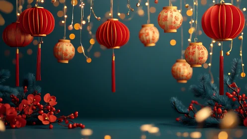 Warm red lanterns glow gently above festive floral branches