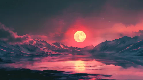 Crimson moonrise ignites icy mountains and mirrored lake.