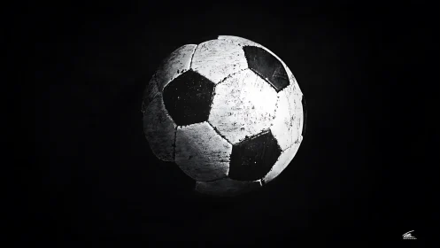 Scarred match ball drifts through studio darkness like memory