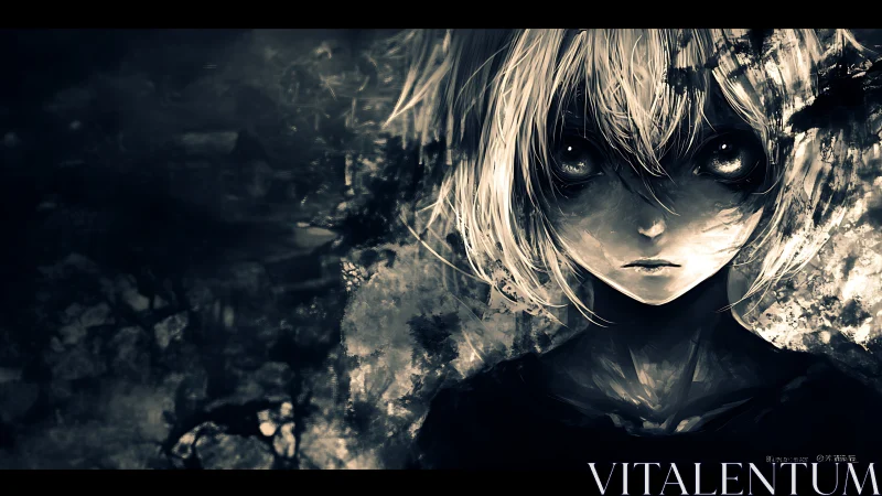 Haunting monochrome anime portrait stares through swirling shadows