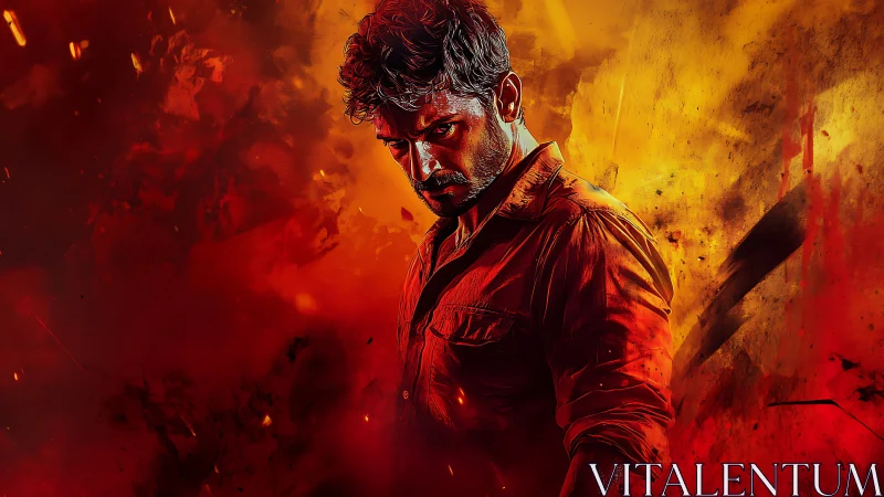 Brooding hero dominates fiery cinematic digital portrait.