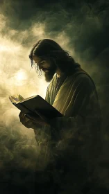 Solitary robed figure studies sacred text in glowing mist