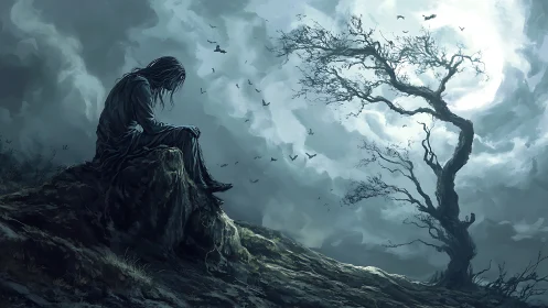 Moonstruck mourner on a wind-scoured cliff of quiet grief.