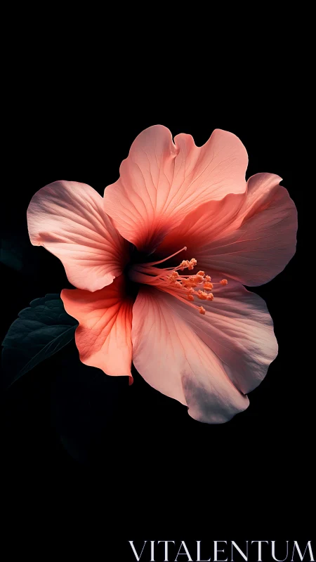 Coral hibiscus bloom rendered with dramatic backlighting and luminous translucency.