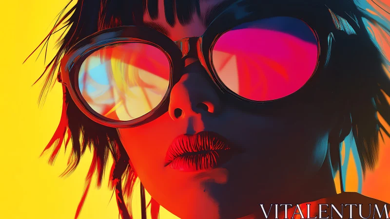 Neon-lit portrait isolates bold sunglasses and reflective glow