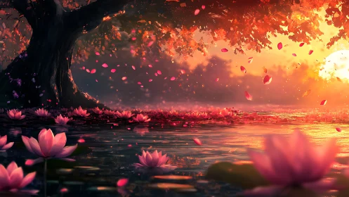 Lotus pond glows under warm sunset beside large tree