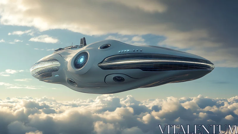 Futuristic aerospace cruiser glides above clouds in soft daylight